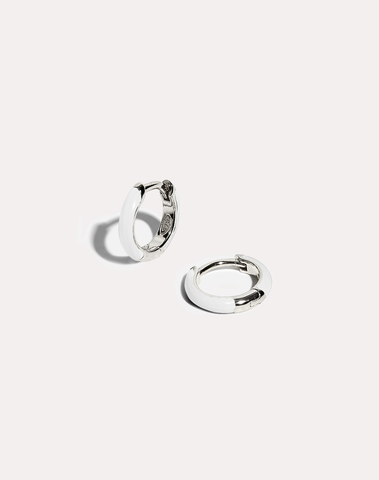 White Enamel Silver Hoop Earrings